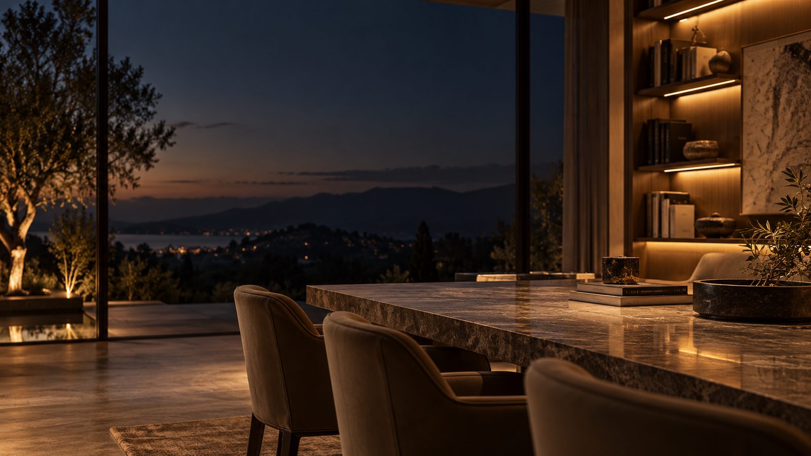 Dining room with dusk views in a managed property